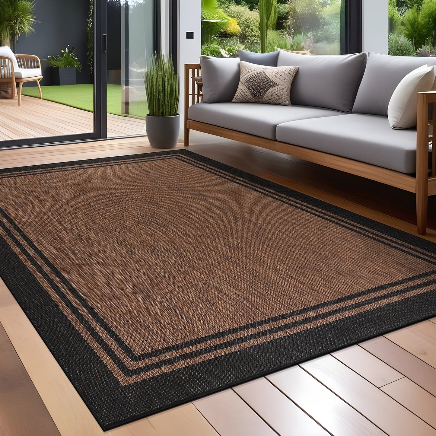 Tapis d'intérieur et d'extérieur lavable à bordures pour patio, terrasse et porche