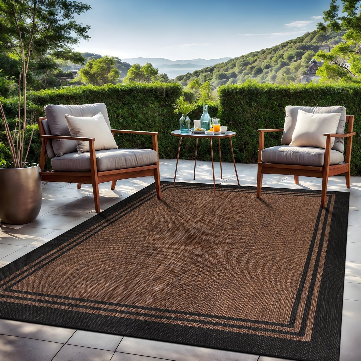 Tapis d'intérieur et d'extérieur lavable à bordures pour patio, terrasse et porche