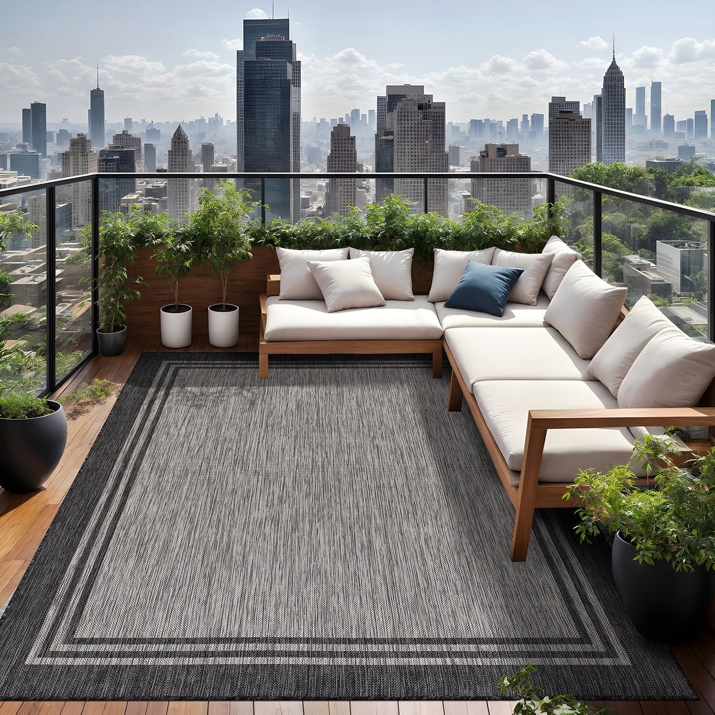Tapis d'intérieur et d'extérieur lavable à bordures pour patio, terrasse et porche