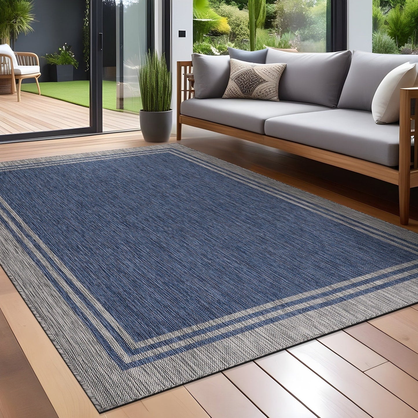 Tapis d'intérieur et d'extérieur lavable à bordures pour patio, terrasse et porche