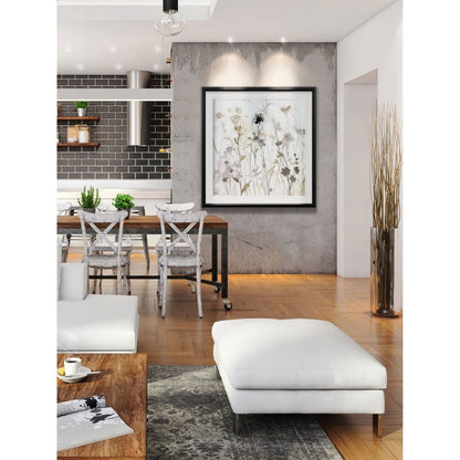 Brume de fleurs sauvages I - Impression encadrée personnalisée - bleu, blanc, gris, jaune, vert, argent, or