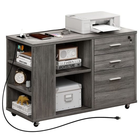 Classeur latéral mobile en bois avec station de charge verrouillable, compatible avec les dossiers de format A4, Lettre et Légal