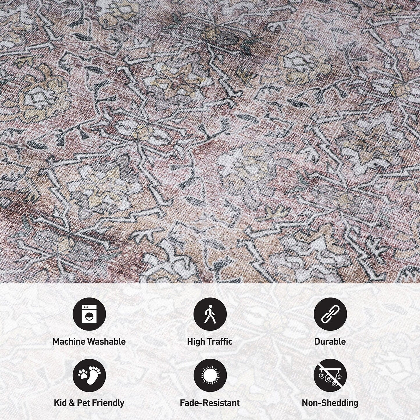 Tapis antidérapant lavable en machine, style vintage, World Rug Gallery